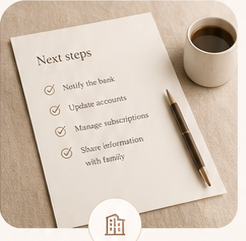 A next steps checklist beside a pen and coffee.