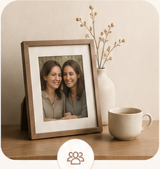 Framed family photo beside a mug and vase.