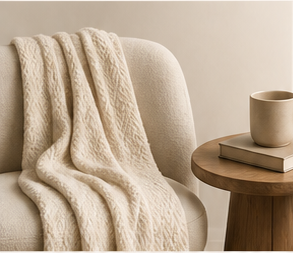 A quiet chair with a blanket and small table.
