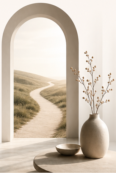 A quiet archway opening onto a soft path through grass.